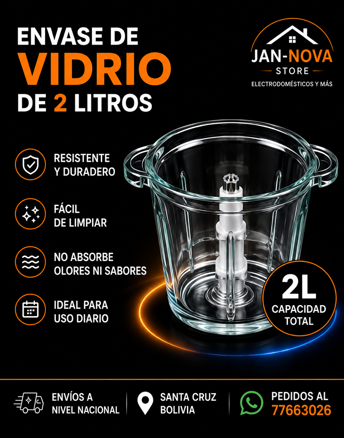 Picadora de Vidrio 2 Litros, Potente y Rapida de Utilizar.